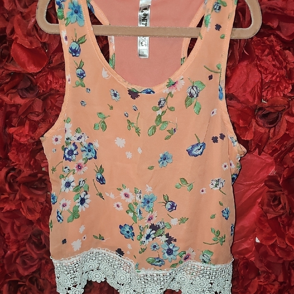 Knitworks Girls Coral Floral Tank Top with Lace Trim Size Large